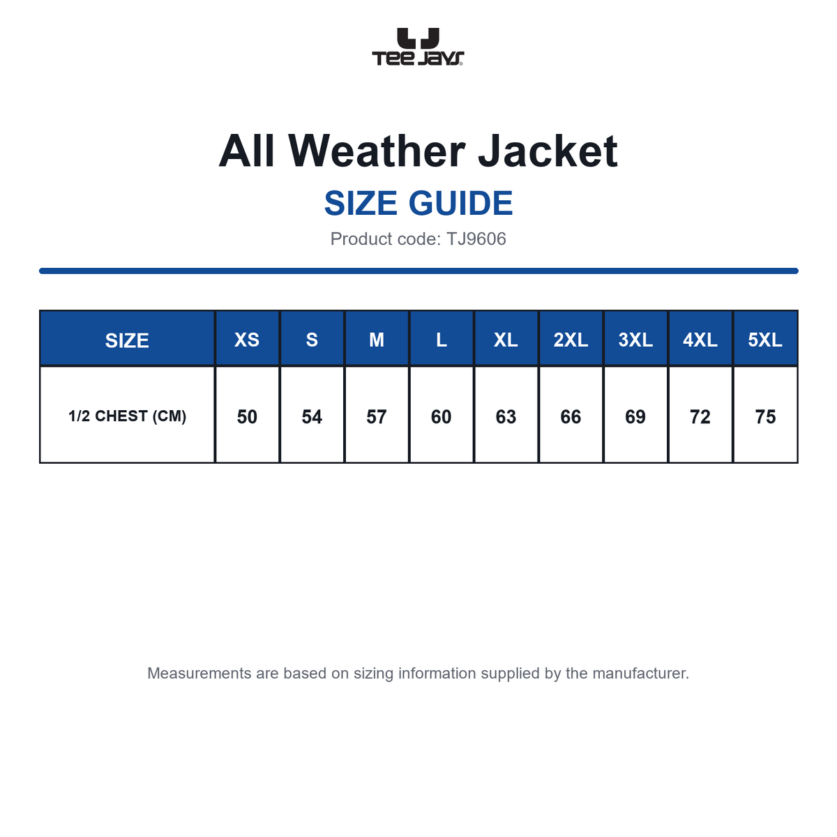 TJ9606 Tee Jays All Weather Jacket size guide (TJ9606)