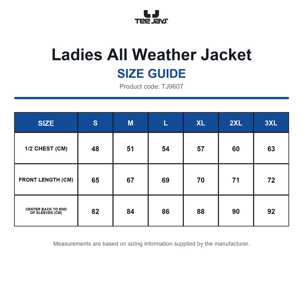 TJ9607 Tee Jays Ladies All Weather Jacket size guide (TJ9607)