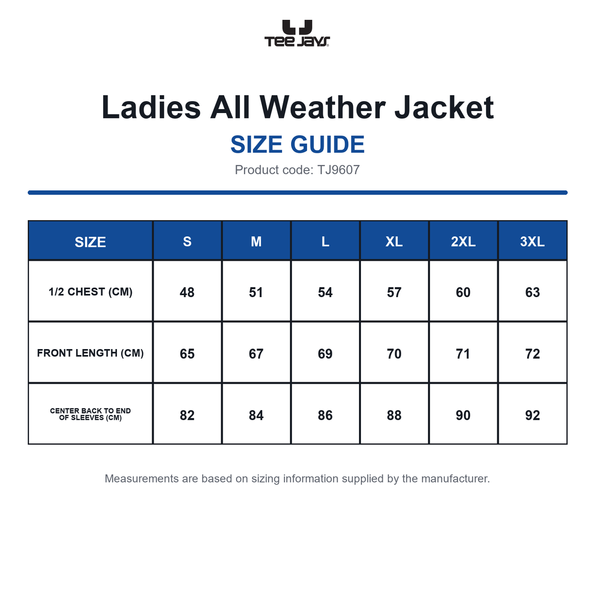 TJ9607 Tee Jays Ladies All Weather Jacket size guide (TJ9607)
