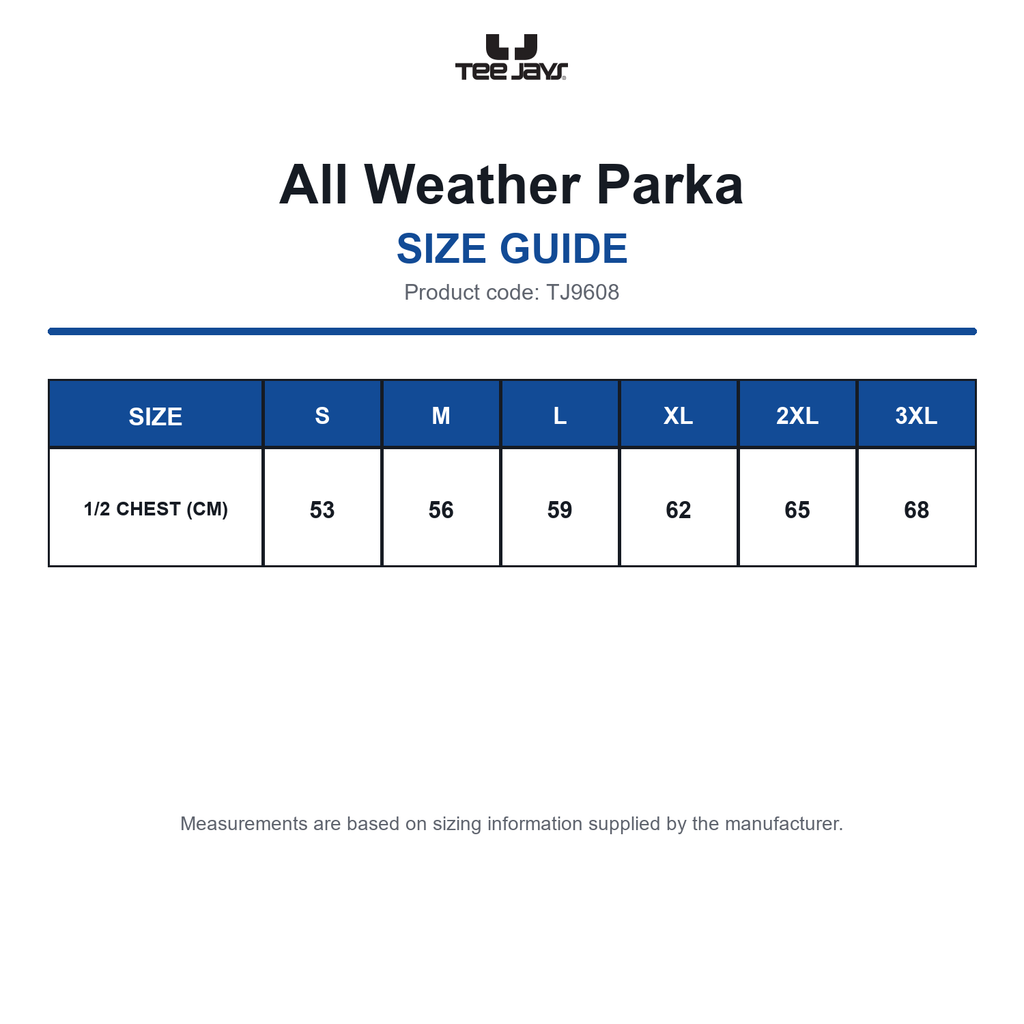 TJ9608 Tee Jays All Weather Parka size guide (TJ9608)