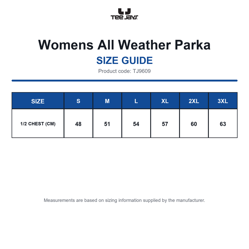 TJ9609 Tee Jays Womens All Weather Parka size guide (TJ9609)