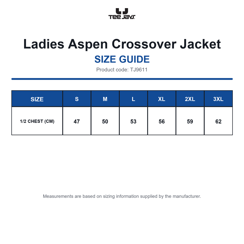 TJ9611 Tee Jays Ladies Aspen Crossover Jacket size guide (TJ9611)