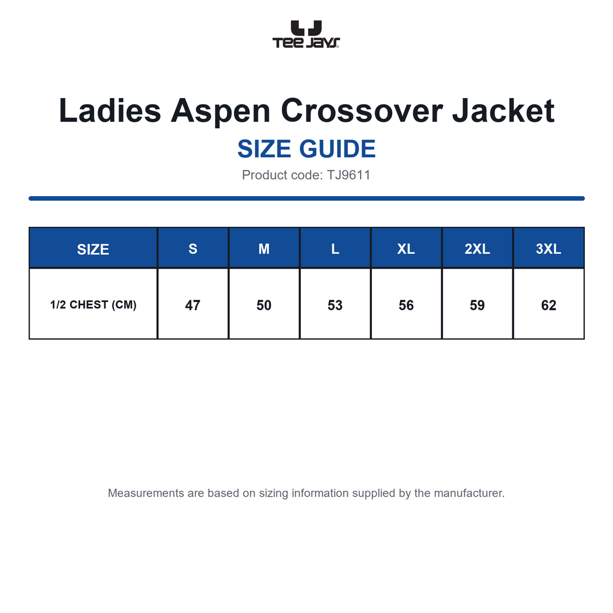 TJ9611 Tee Jays Ladies Aspen Crossover Jacket size guide (TJ9611)
