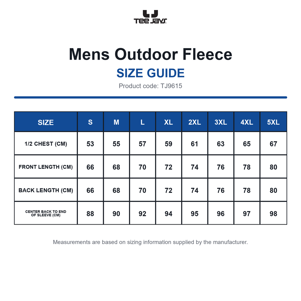TJ9615 Tee Jays Mens Outdoor Fleece size guide (TJ9615)
