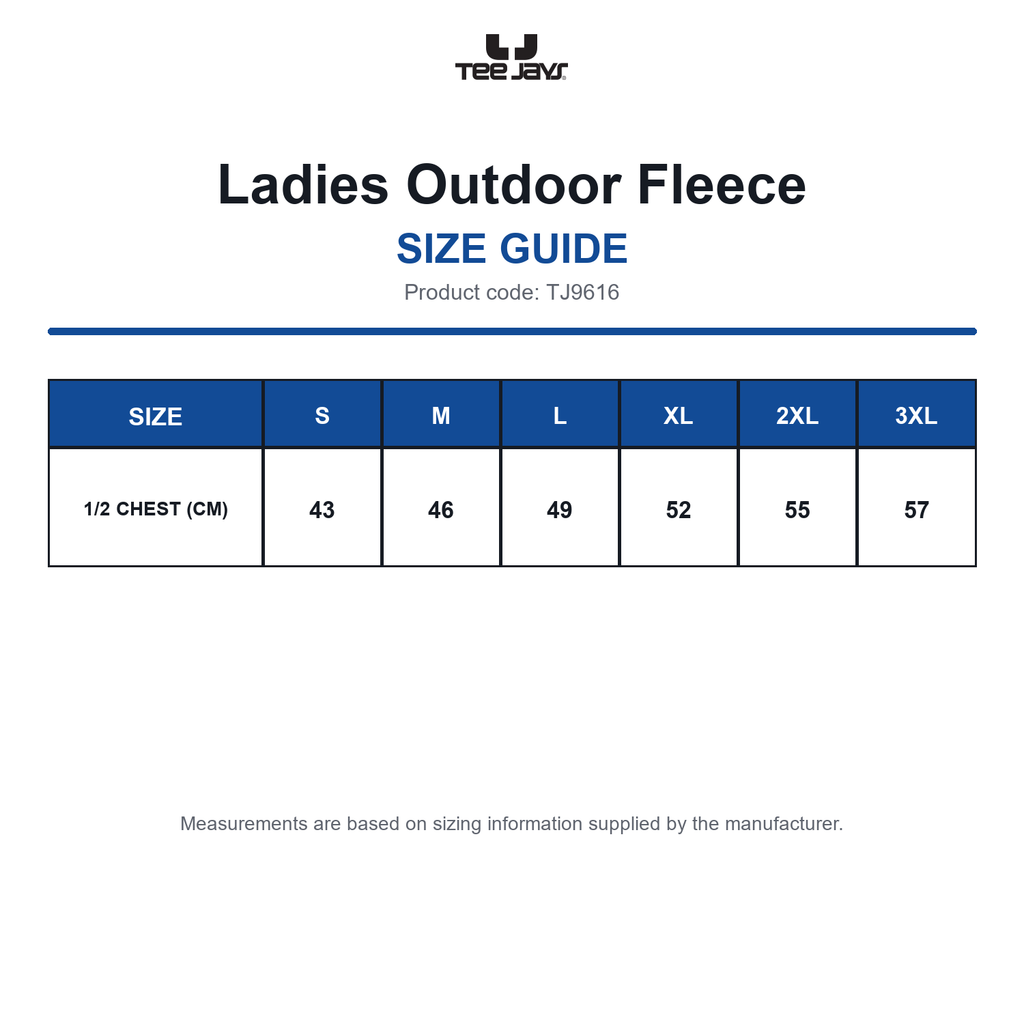 TJ9616 Tee Jays Ladies Outdoor Fleece size guide (TJ9616)