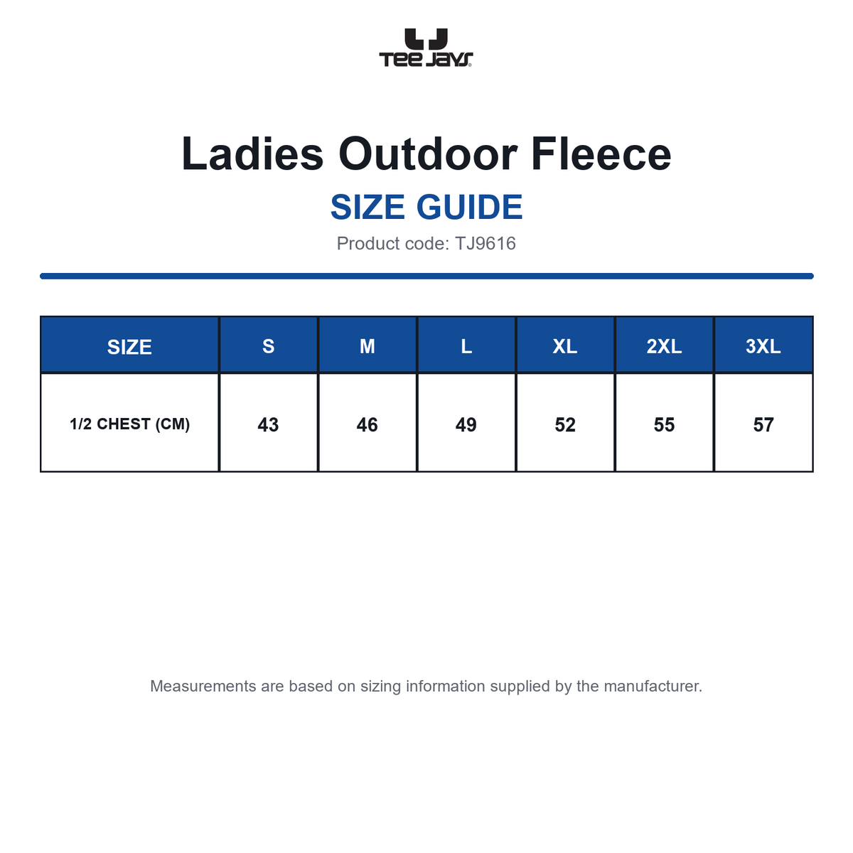 TJ9616 Tee Jays Ladies Outdoor Fleece size guide (TJ9616)