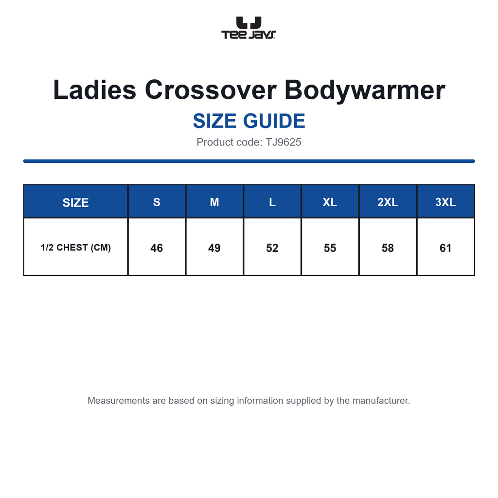 TJ9625 Tee Jays Ladies Crossover Bodywarmer size guide (TJ9625)