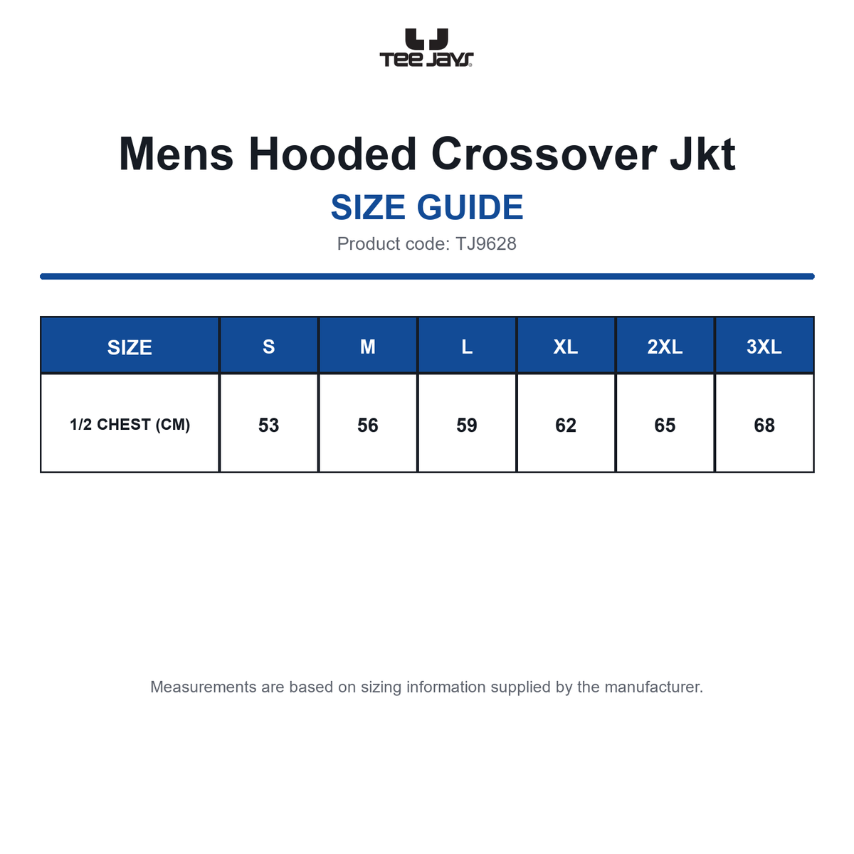 TJ9628 Tee Jays Mens Hooded Crossover Jkt size guide (TJ9628)