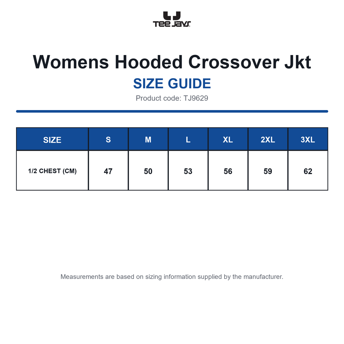 TJ9629 Tee Jays Womens Hooded Crossover Jkt size guide (TJ9629)
