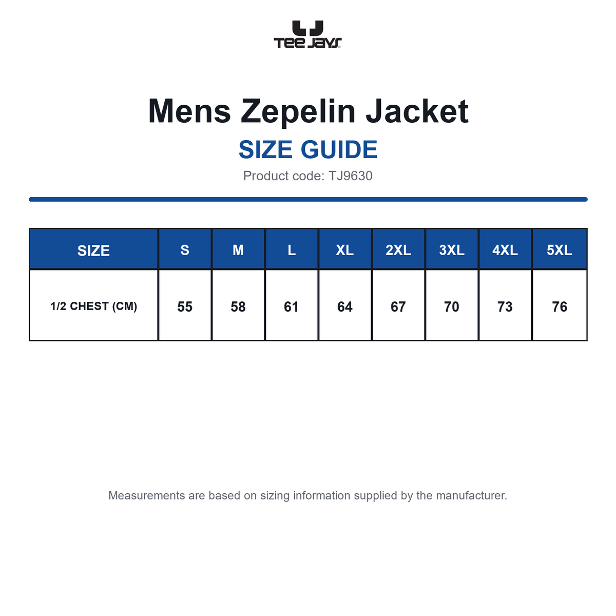 TJ9630 Tee Jays Mens Zepelin Jacket size guide (TJ9630)