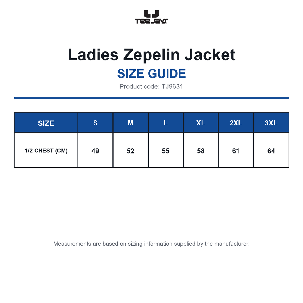 TJ9631 Tee Jays Ladies Zepelin Jacket size guide (TJ9631)