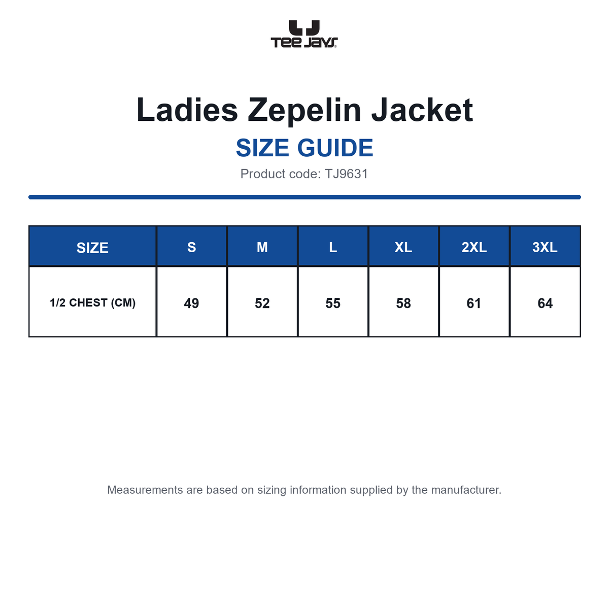 TJ9631 Tee Jays Ladies Zepelin Jacket size guide (TJ9631)