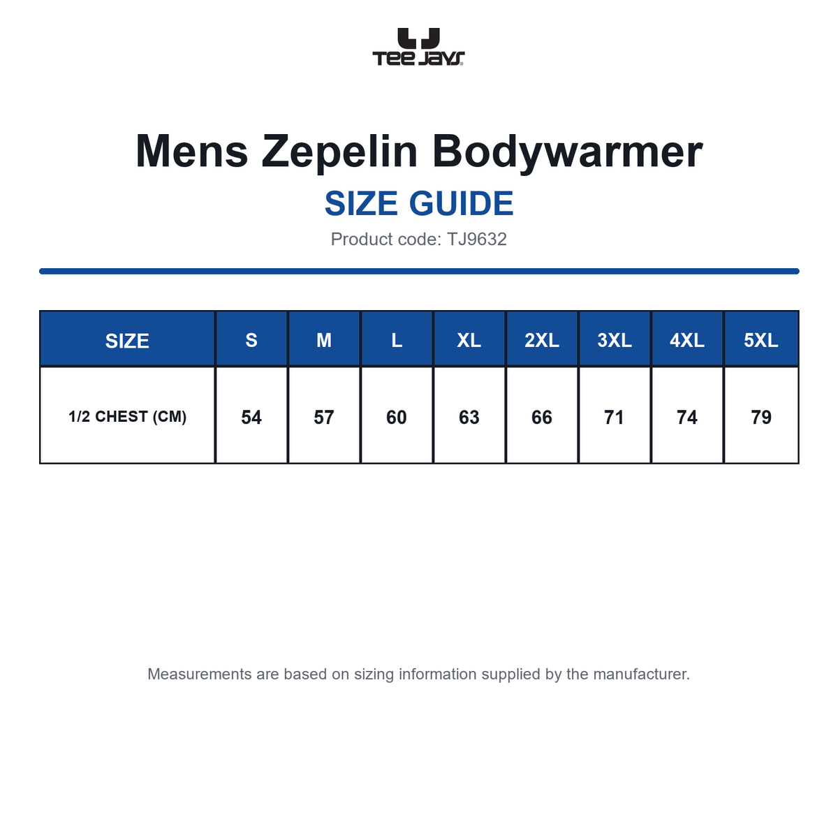 TJ9632 Tee Jays Mens Zepelin Bodywarmer size guide (TJ9632)