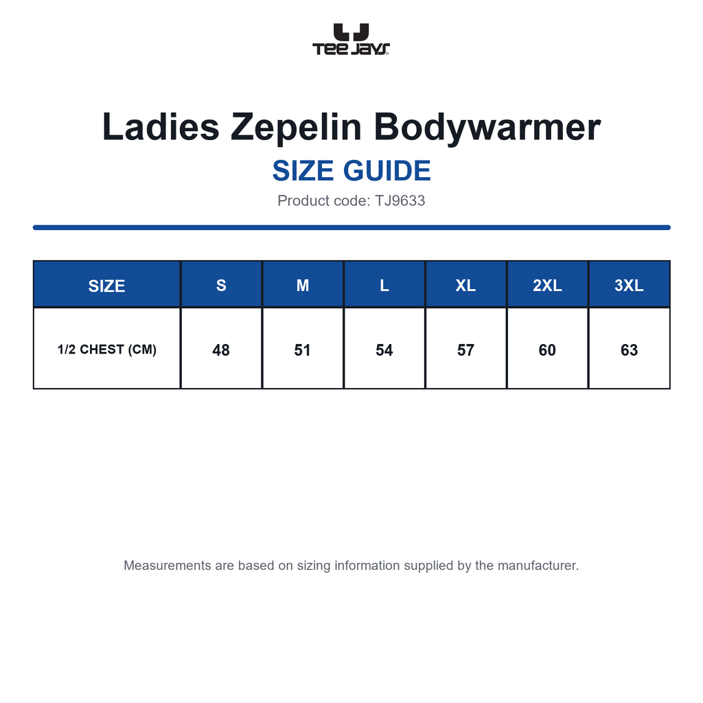 TJ9633 Tee Jays Ladies Zepelin Bodywarmer size guide (TJ9633)