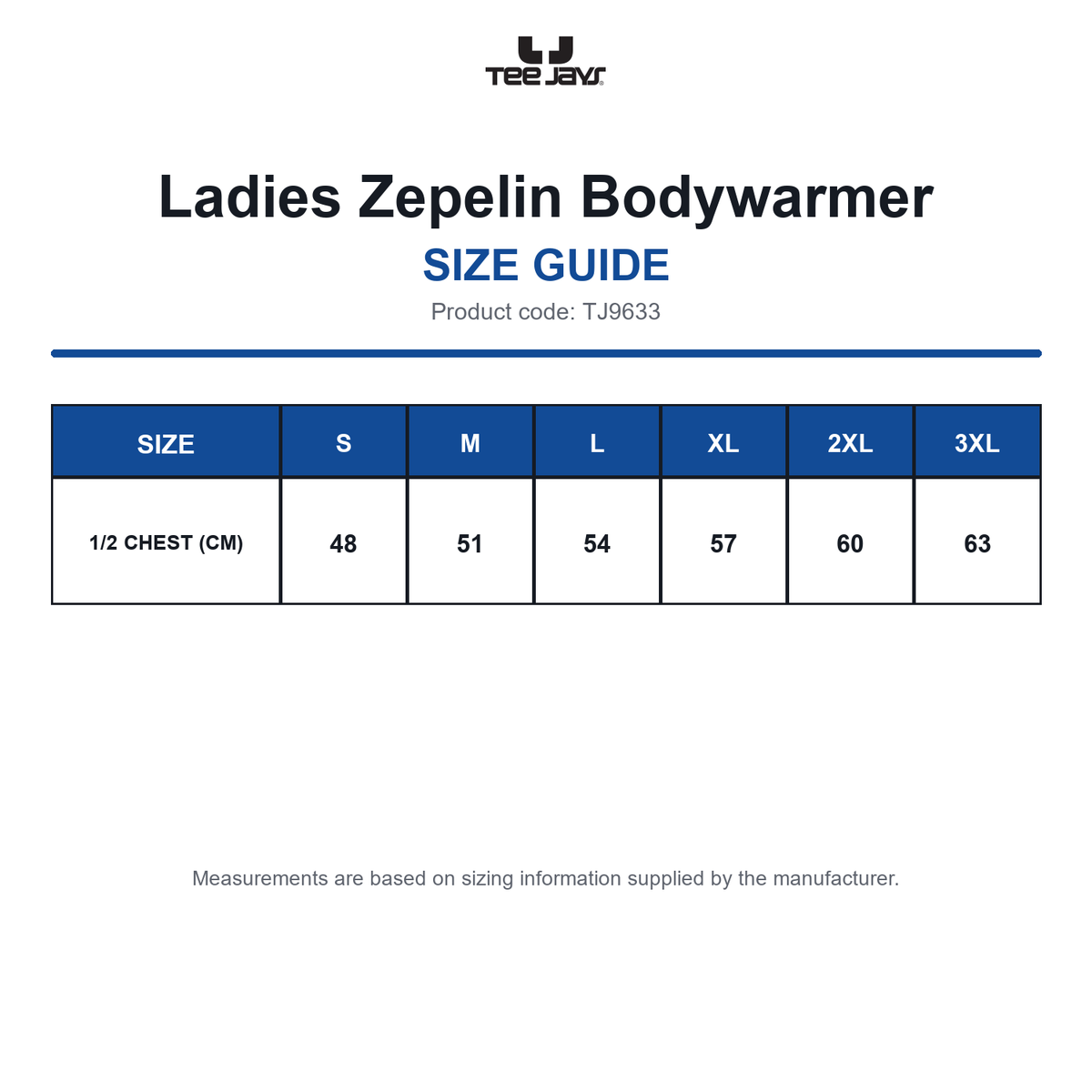 TJ9633 Tee Jays Ladies Zepelin Bodywarmer size guide (TJ9633)