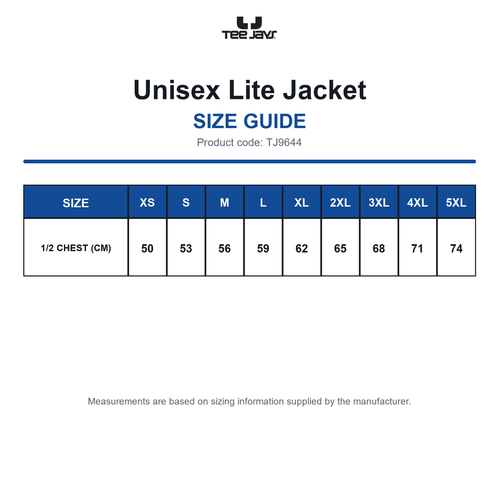 TJ9644 Tee Jays Unisex Lite Jacket size guide (TJ9644)