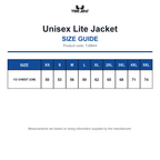 TJ9644 Tee Jays Unisex Lite Jacket size guide (TJ9644)