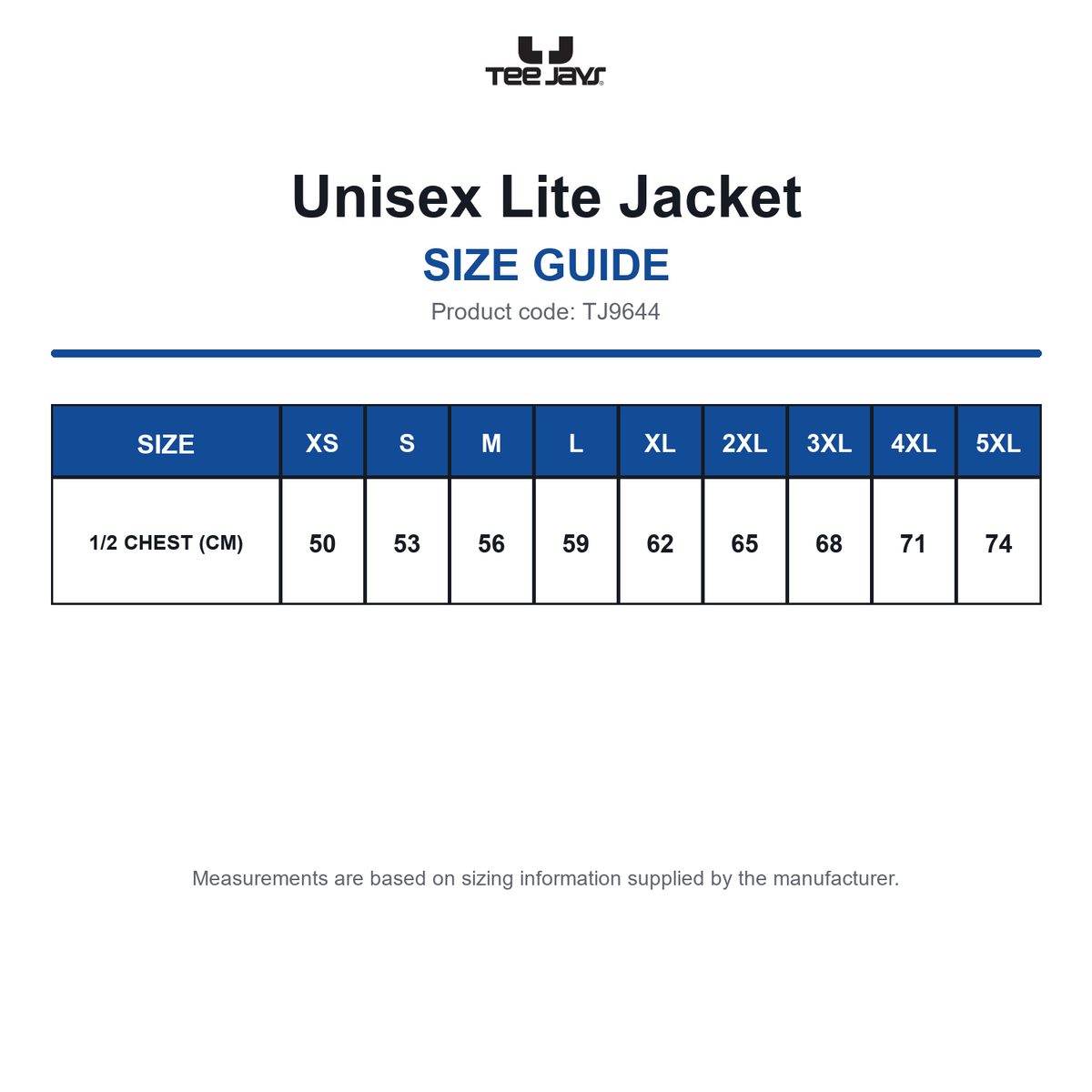 TJ9644 Tee Jays Unisex Lite Jacket size guide (TJ9644)