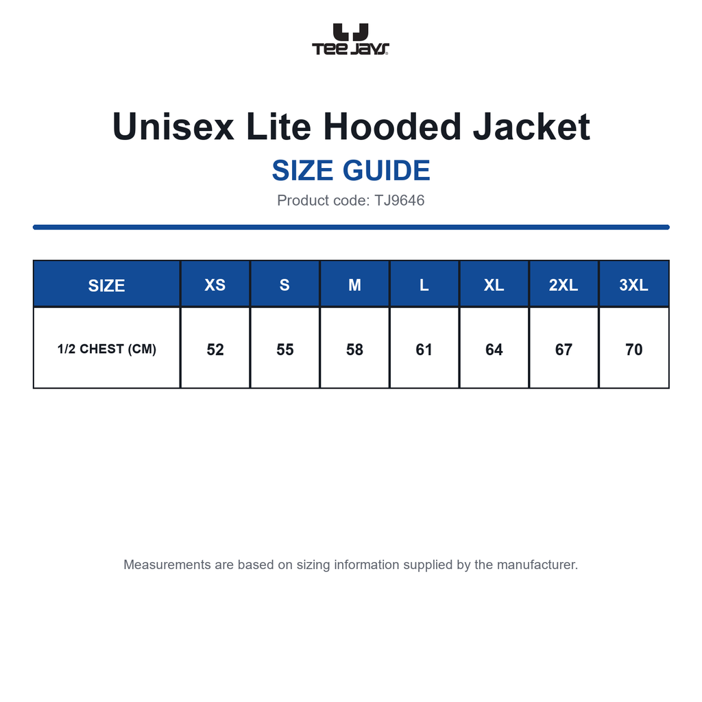 TJ9646 Tee Jays Unisex Lite Hooded Jacket size guide (TJ9646)