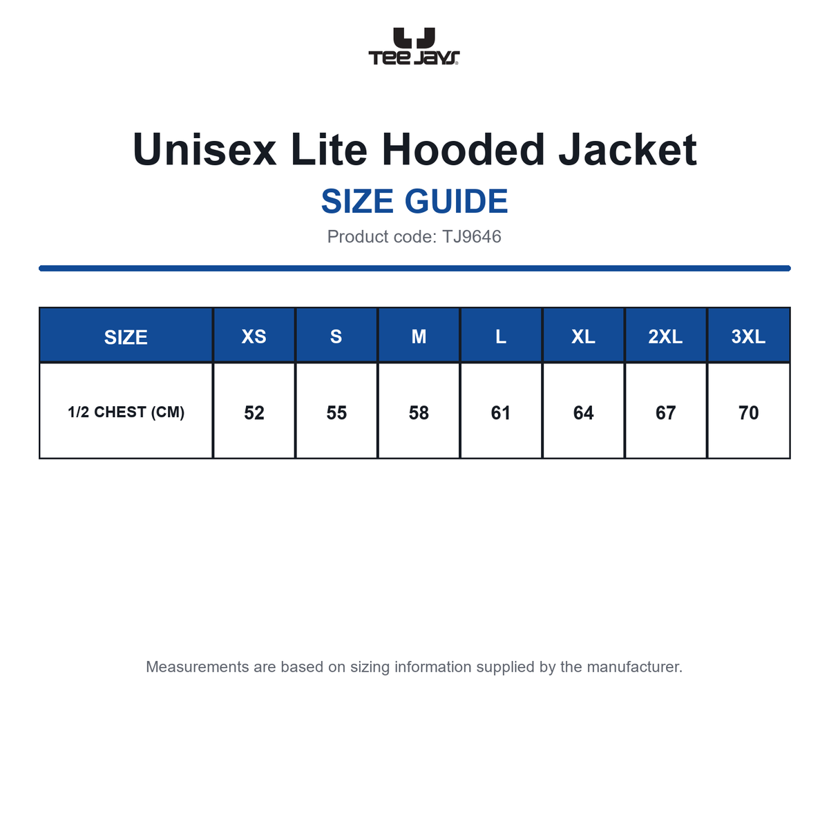 TJ9646 Tee Jays Unisex Lite Hooded Jacket size guide (TJ9646)