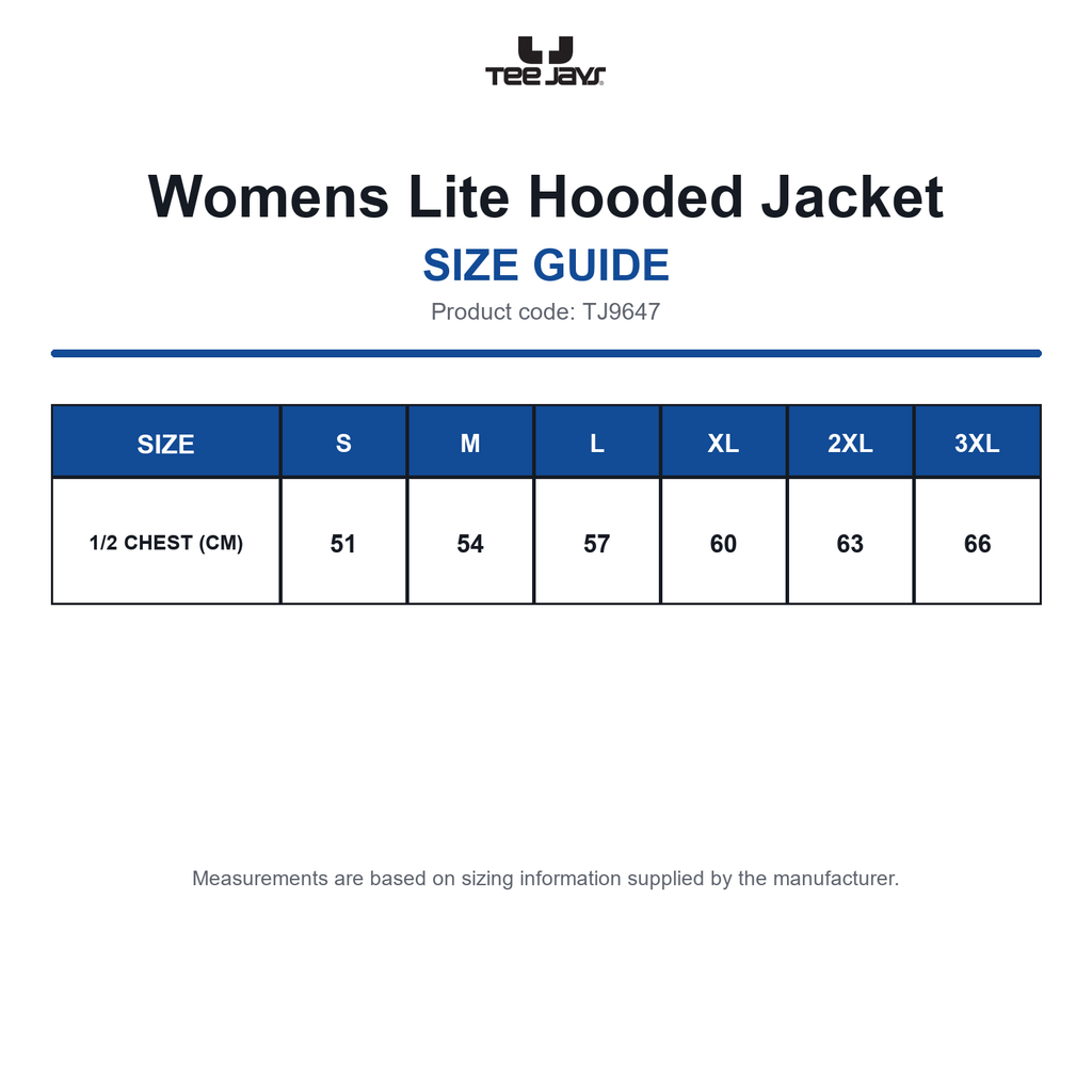 TJ9647 Tee Jays Womens Lite Hooded Jacket size guide (TJ9647)