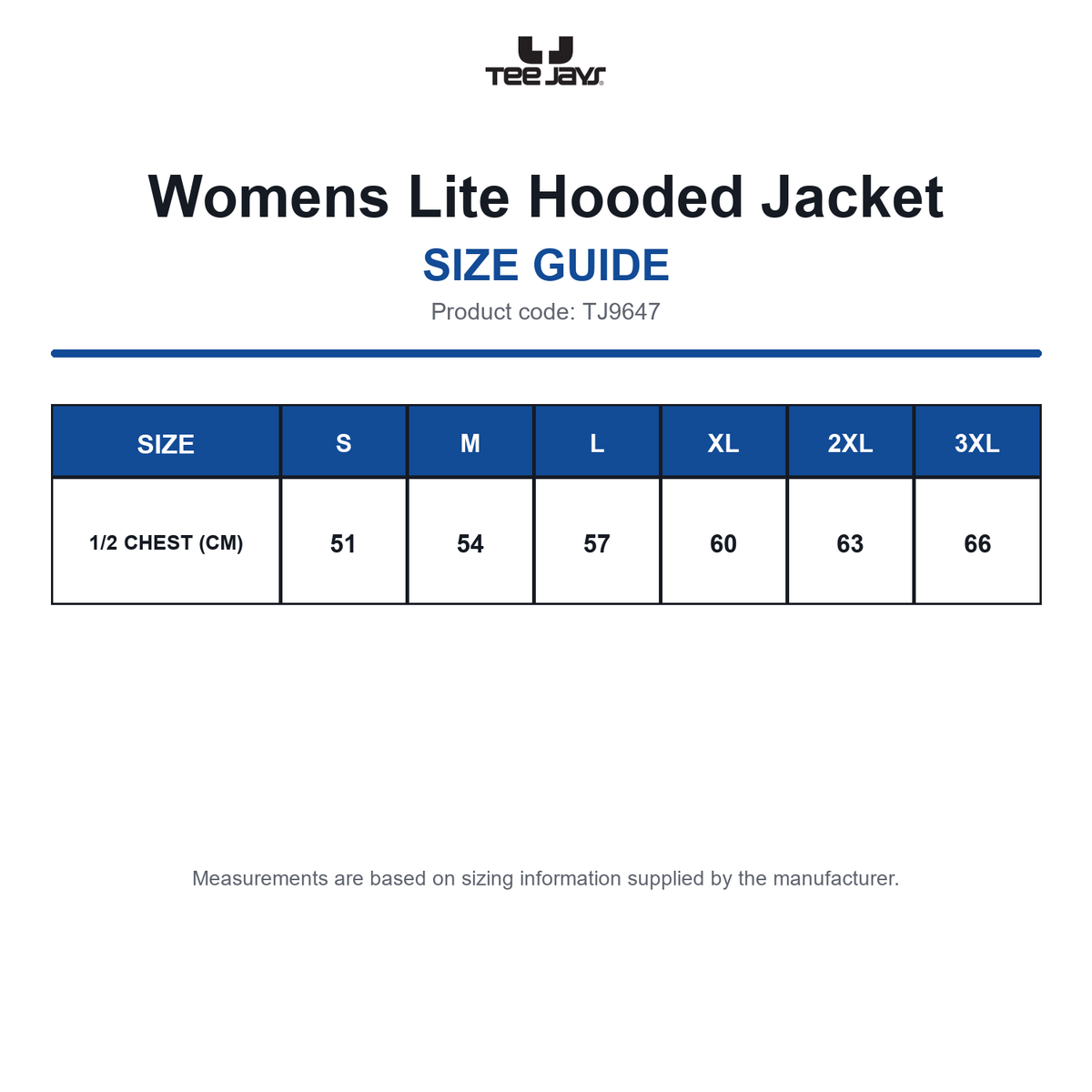 TJ9647 Tee Jays Womens Lite Hooded Jacket size guide (TJ9647)