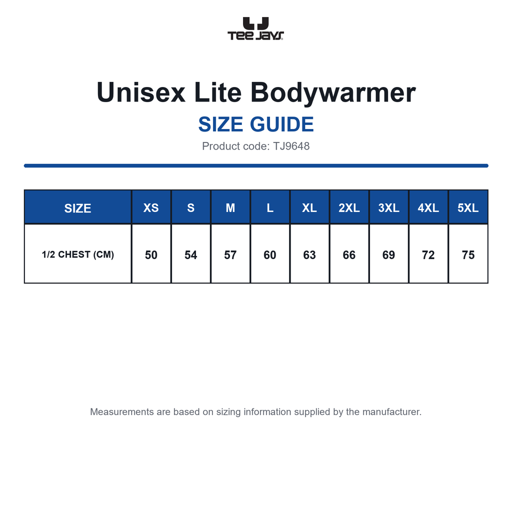 TJ9648 Tee Jays Unisex Lite Bodywarmer size guide (TJ9648)