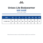 TJ9648 Tee Jays Unisex Lite Bodywarmer size guide (TJ9648)