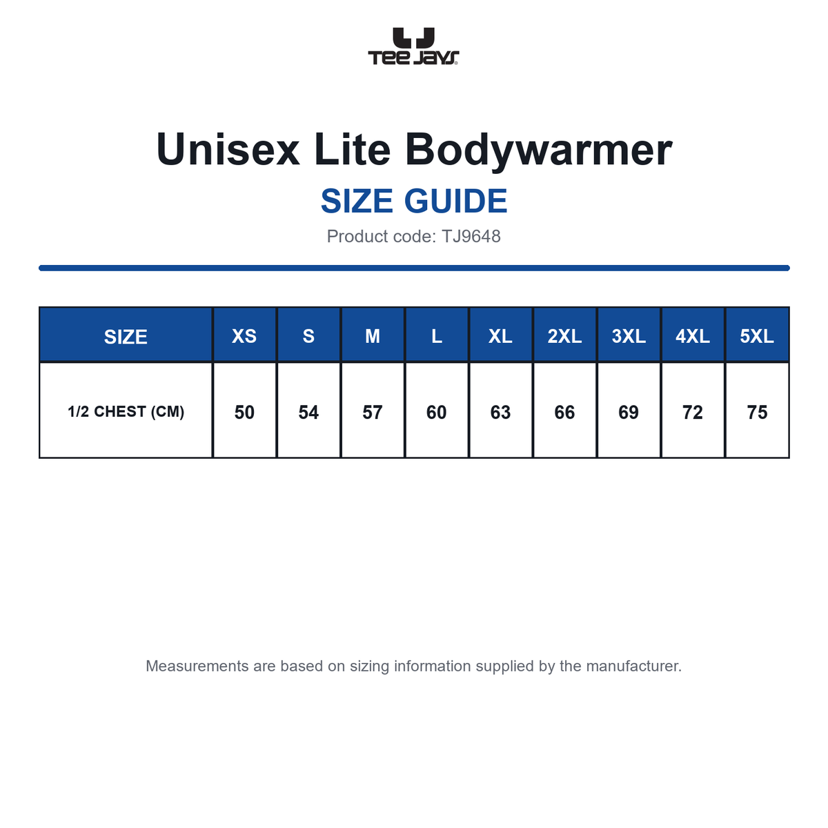 TJ9648 Tee Jays Unisex Lite Bodywarmer size guide (TJ9648)