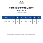 TJ9660 Tee Jays Mens Richmond Jacket size guide (TJ9660)