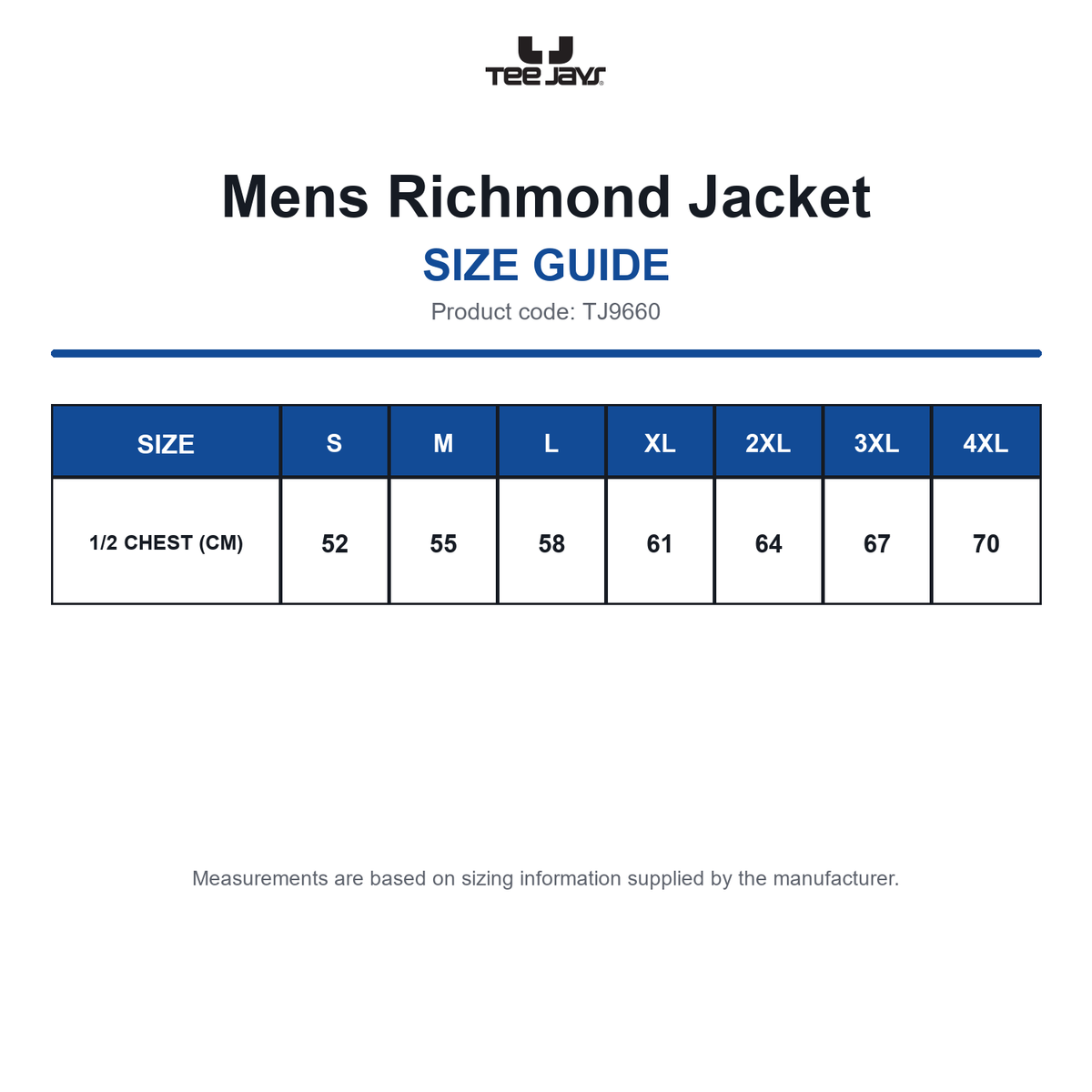TJ9660 Tee Jays Mens Richmond Jacket size guide (TJ9660)