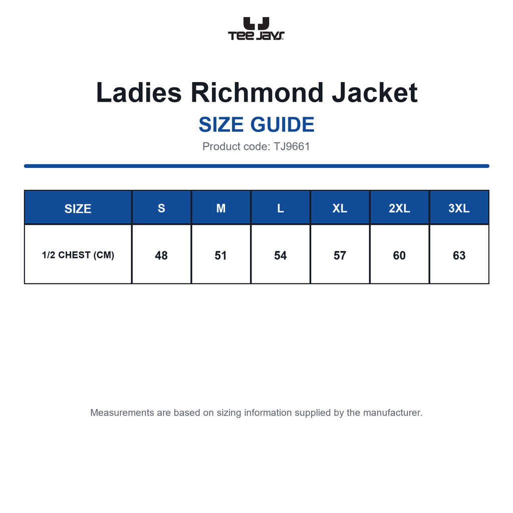 TJ9661 Tee Jays Ladies Richmond Jacket size guide (TJ9661)