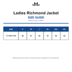 TJ9661 Tee Jays Ladies Richmond Jacket size guide (TJ9661)