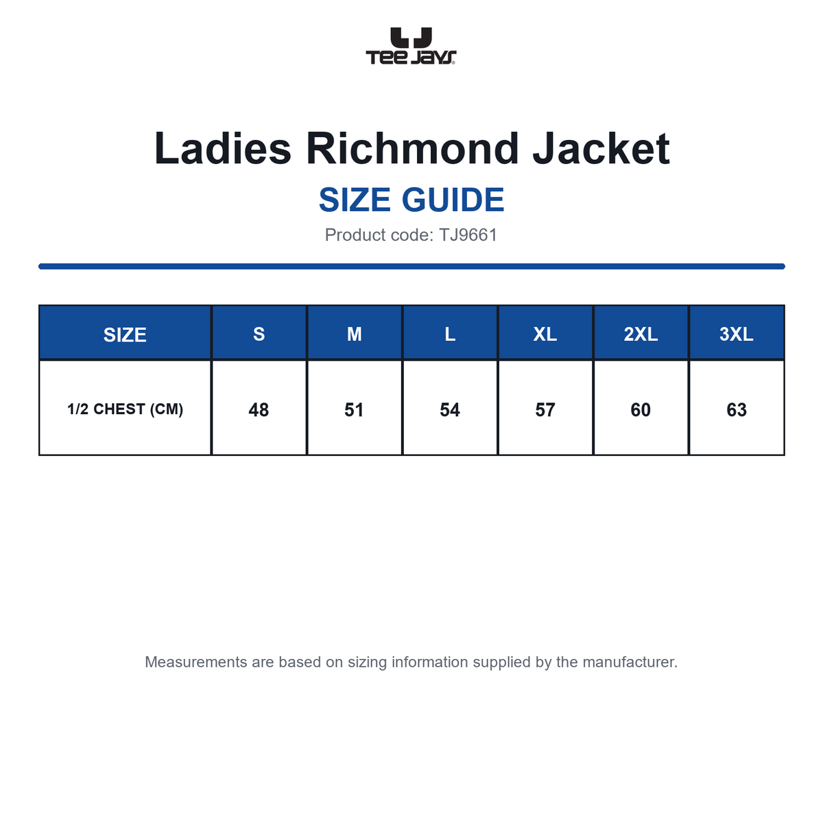 TJ9661 Tee Jays Ladies Richmond Jacket size guide (TJ9661)