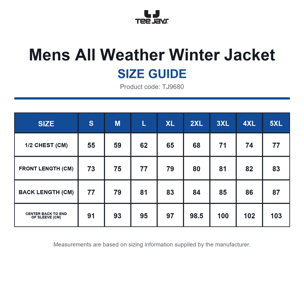 TJ9680 Tee Jays Mens All Weather Winter Jacket size guide (TJ9680)