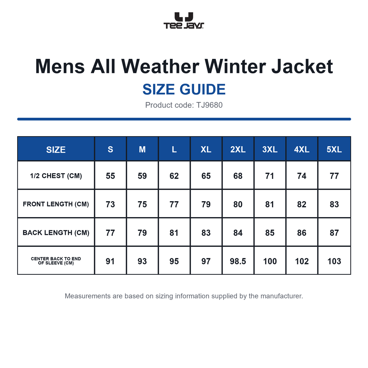 TJ9680 Tee Jays Mens All Weather Winter Jacket size guide (TJ9680)