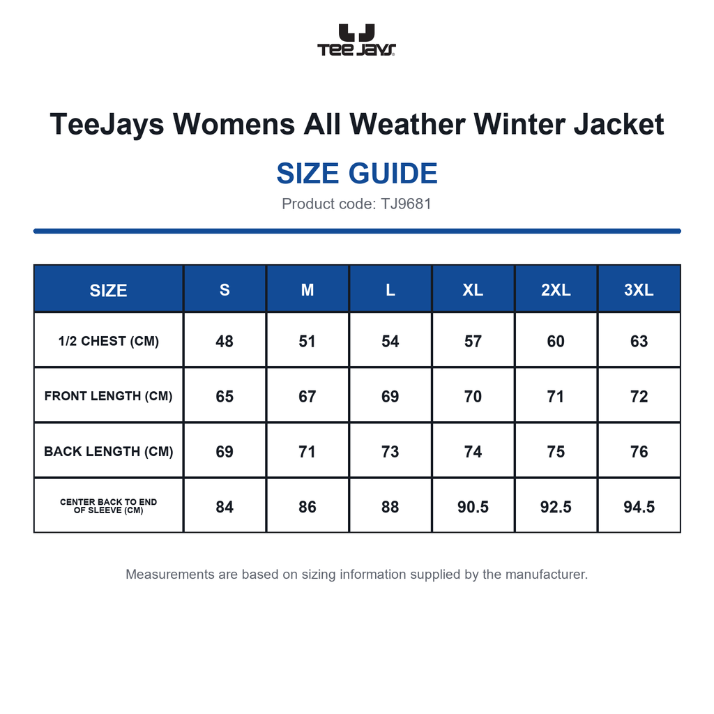 TJ9681 TeeJays Womens All Weather Winter Jacket size guide (TJ9681)