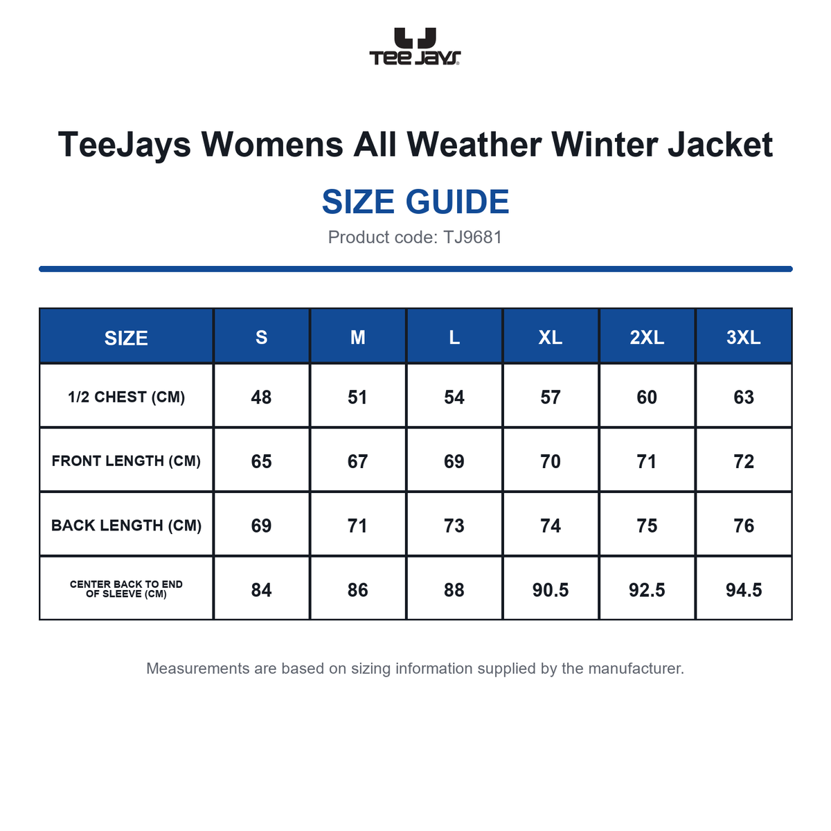 TJ9681 TeeJays Womens All Weather Winter Jacket size guide (TJ9681)