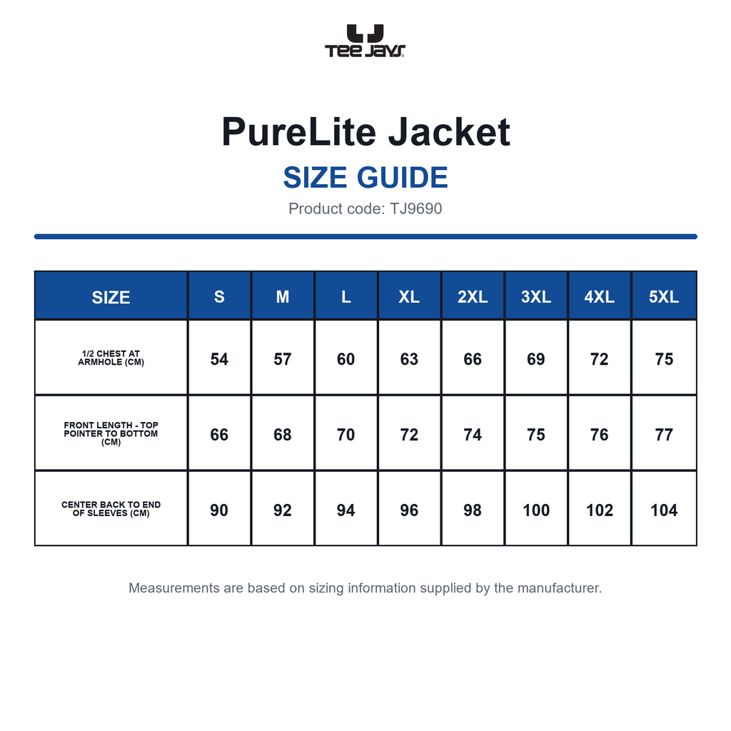 TJ9690 Tee Jays PureLite Jacket size guide (TJ9690)
