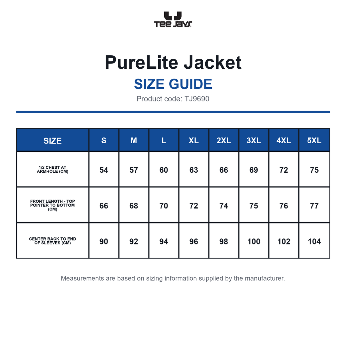TJ9690 Tee Jays PureLite Jacket size guide (TJ9690)