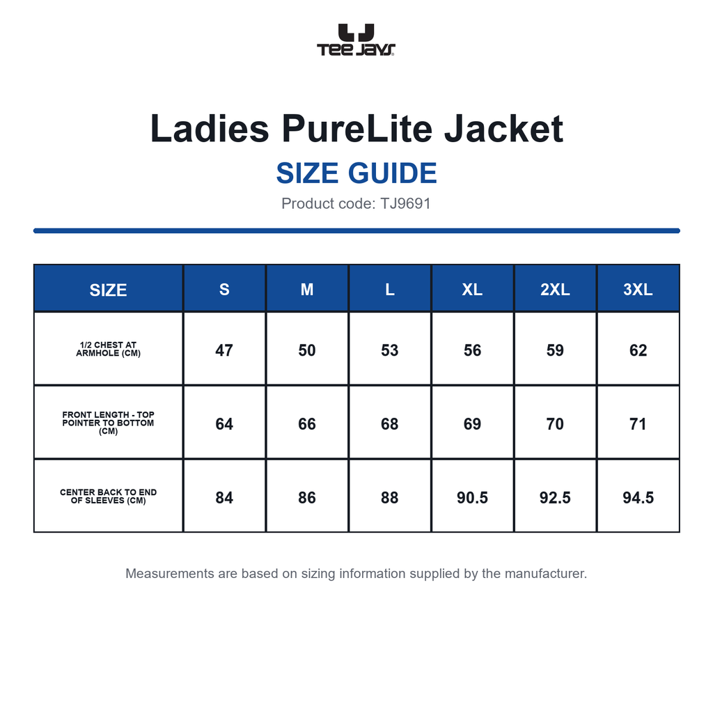 TJ9691 Tee Jays Ladies PureLite Jacket size guide (TJ9691)