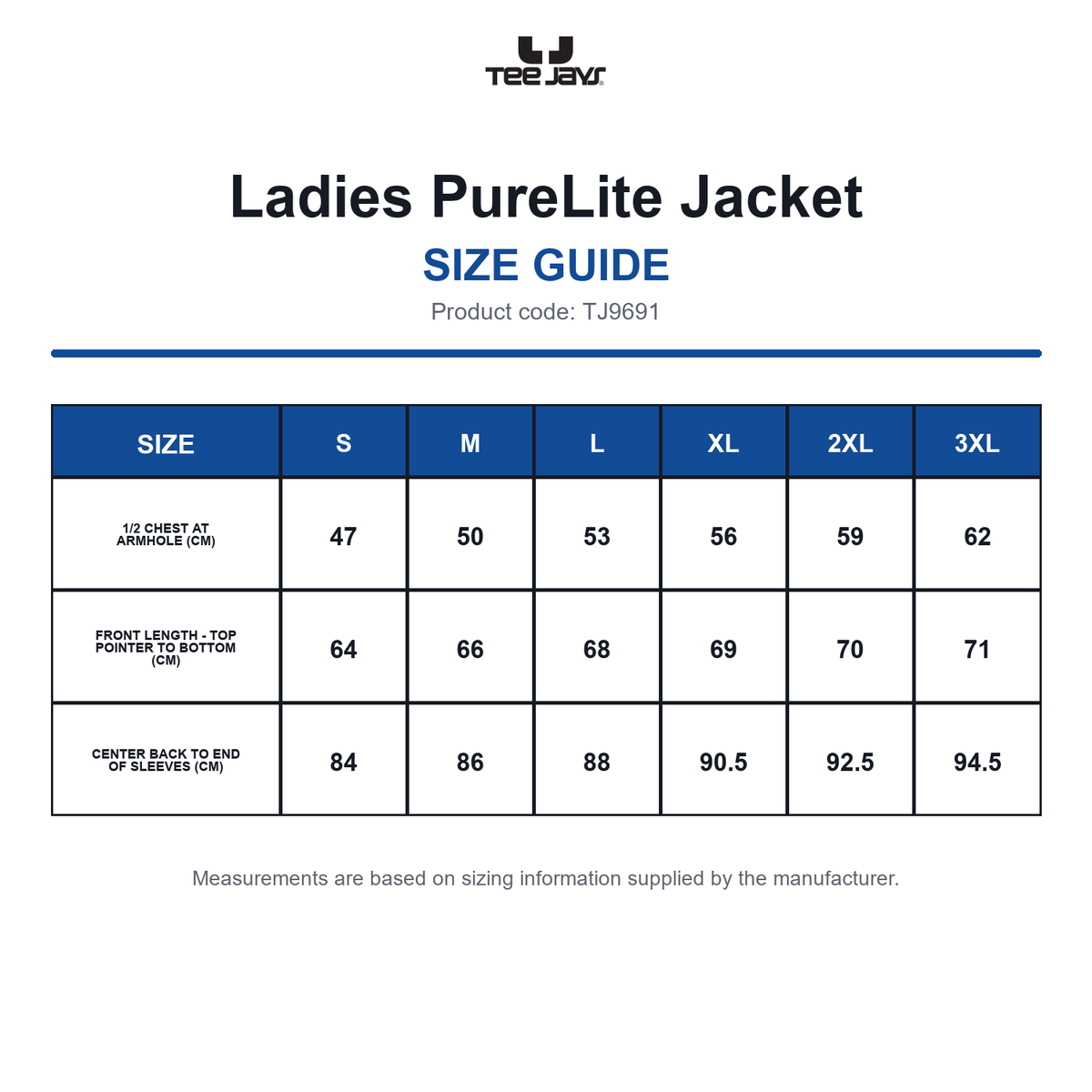 TJ9691 Tee Jays Ladies PureLite Jacket size guide (TJ9691)