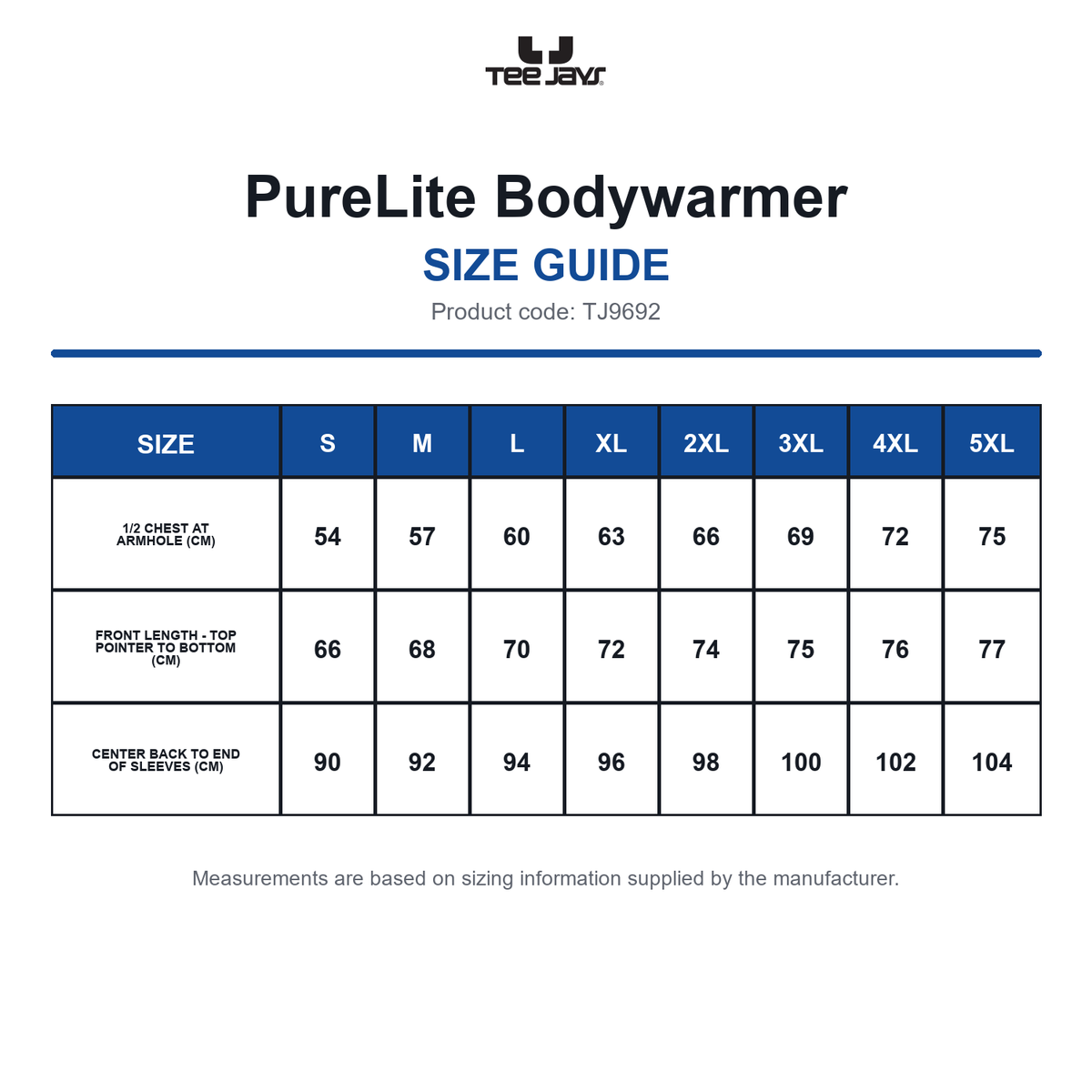 TJ9692 Tee Jays PureLite Bodywarmer size guide (TJ9692)