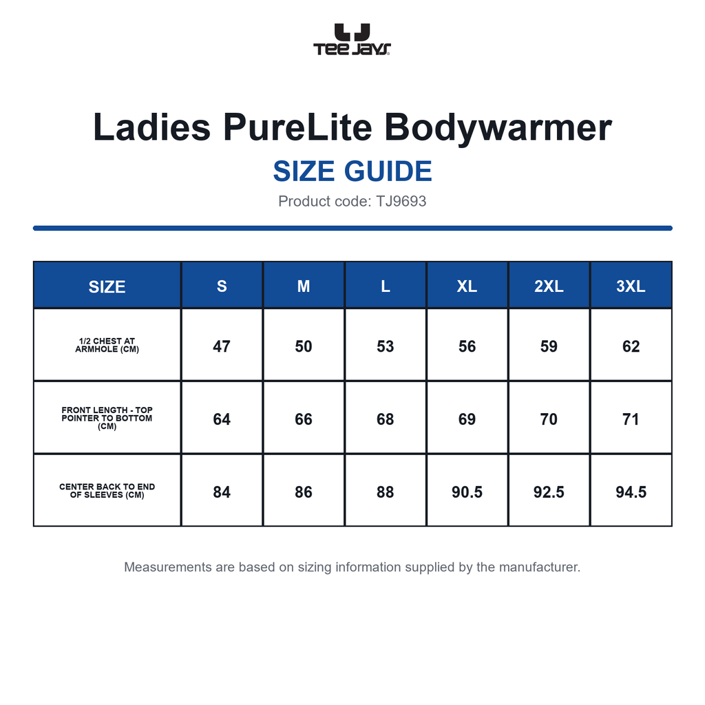 TJ9693 Tee Jays Ladies PureLite Bodywarmer size guide (TJ9693)