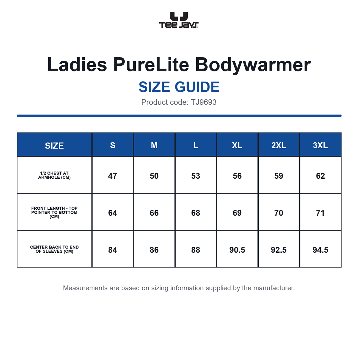 TJ9693 Tee Jays Ladies PureLite Bodywarmer size guide (TJ9693)