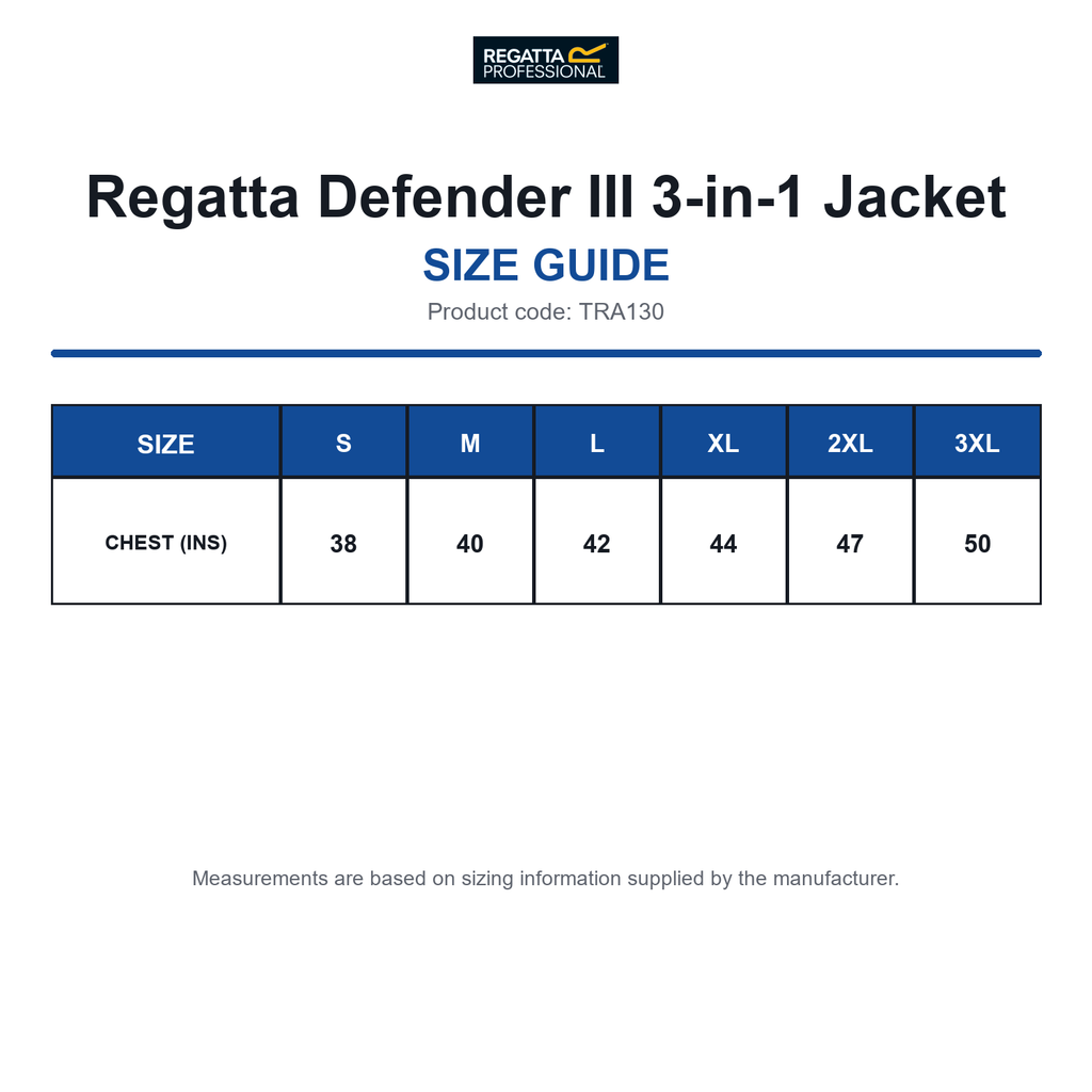 TRA130 Regatta Defender III 3-in-1 Jacket size guide (TRA130)