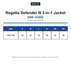 TRA130 Regatta Defender III 3-in-1 Jacket size guide (TRA130)