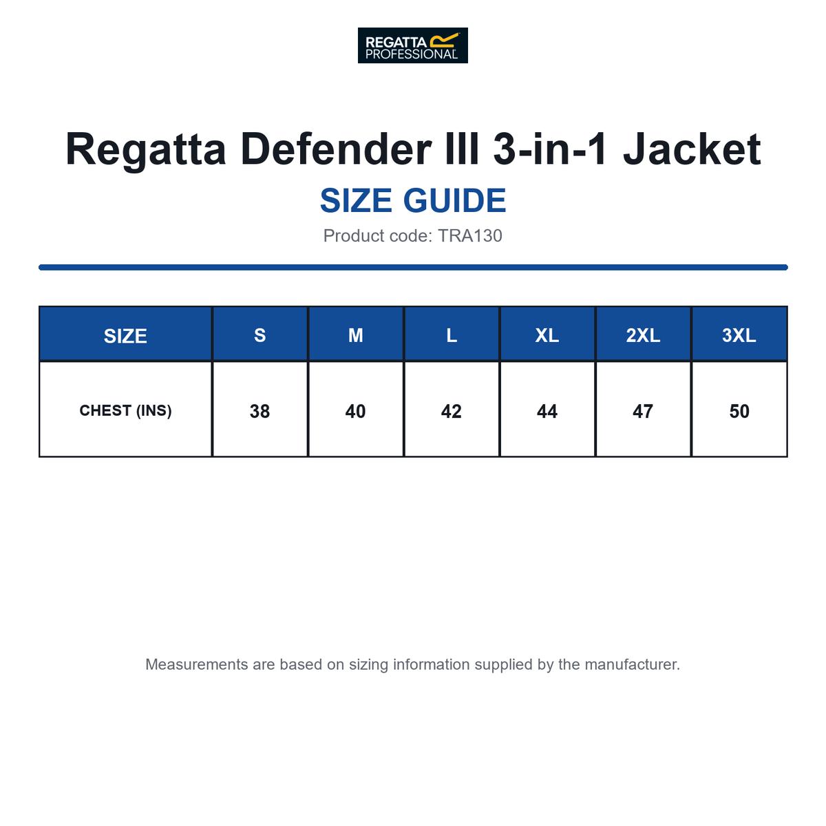 TRA130 Regatta Defender III 3-in-1 Jacket size guide (TRA130)