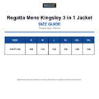 TRA143 Regatta Mens Kingsley 3 in 1 Jacket size guide (TRA143)