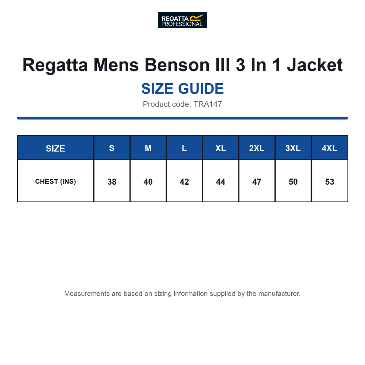 TRA147 Regatta Mens Benson III 3 In 1 Jacket size guide (TRA147)